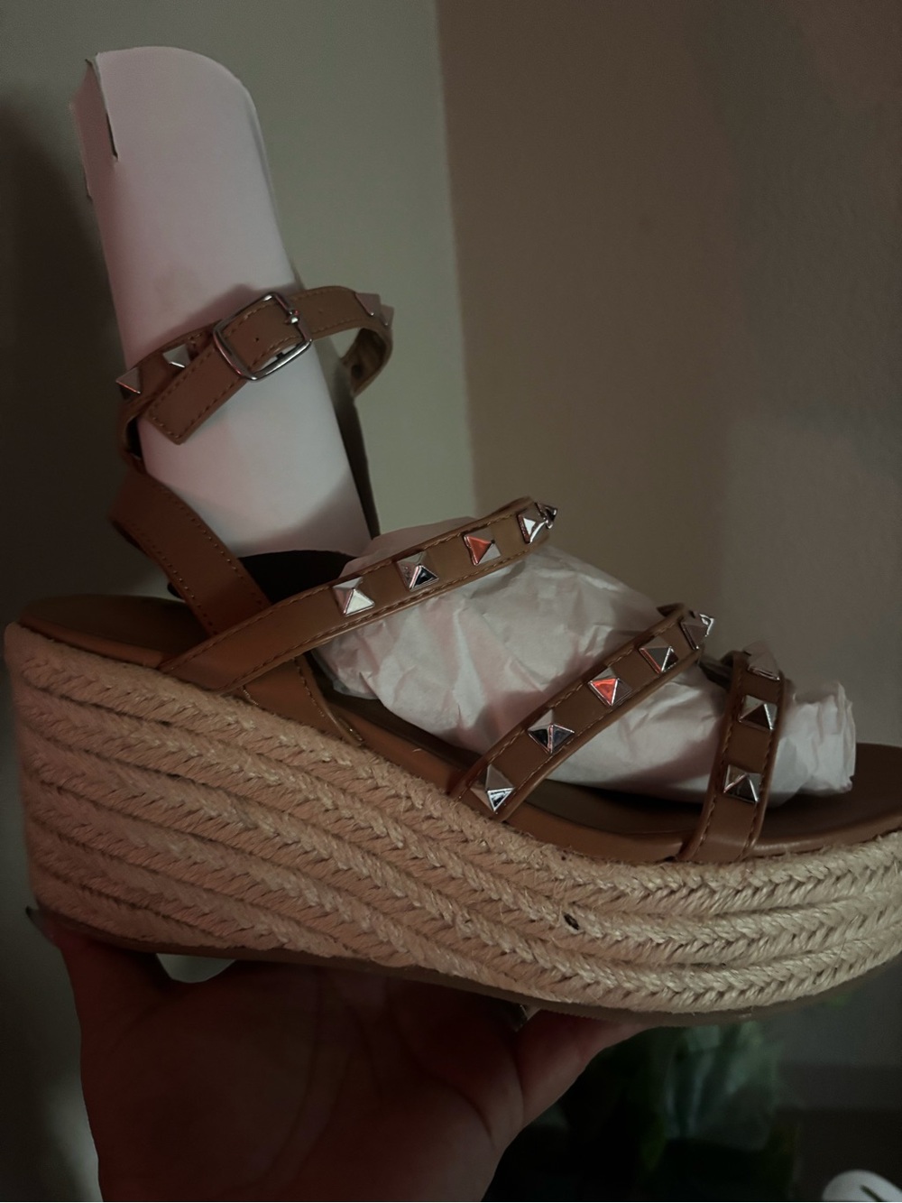 Studded Tan Espadrille Wedge Sandals - Women